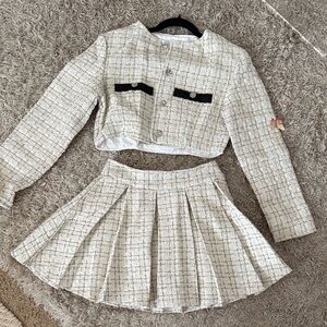 SHEIN Cream and Black Plaid Long Sleeve Dress